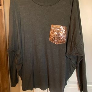 Dark gray Dolman top. rose gold sequin pocket. M.